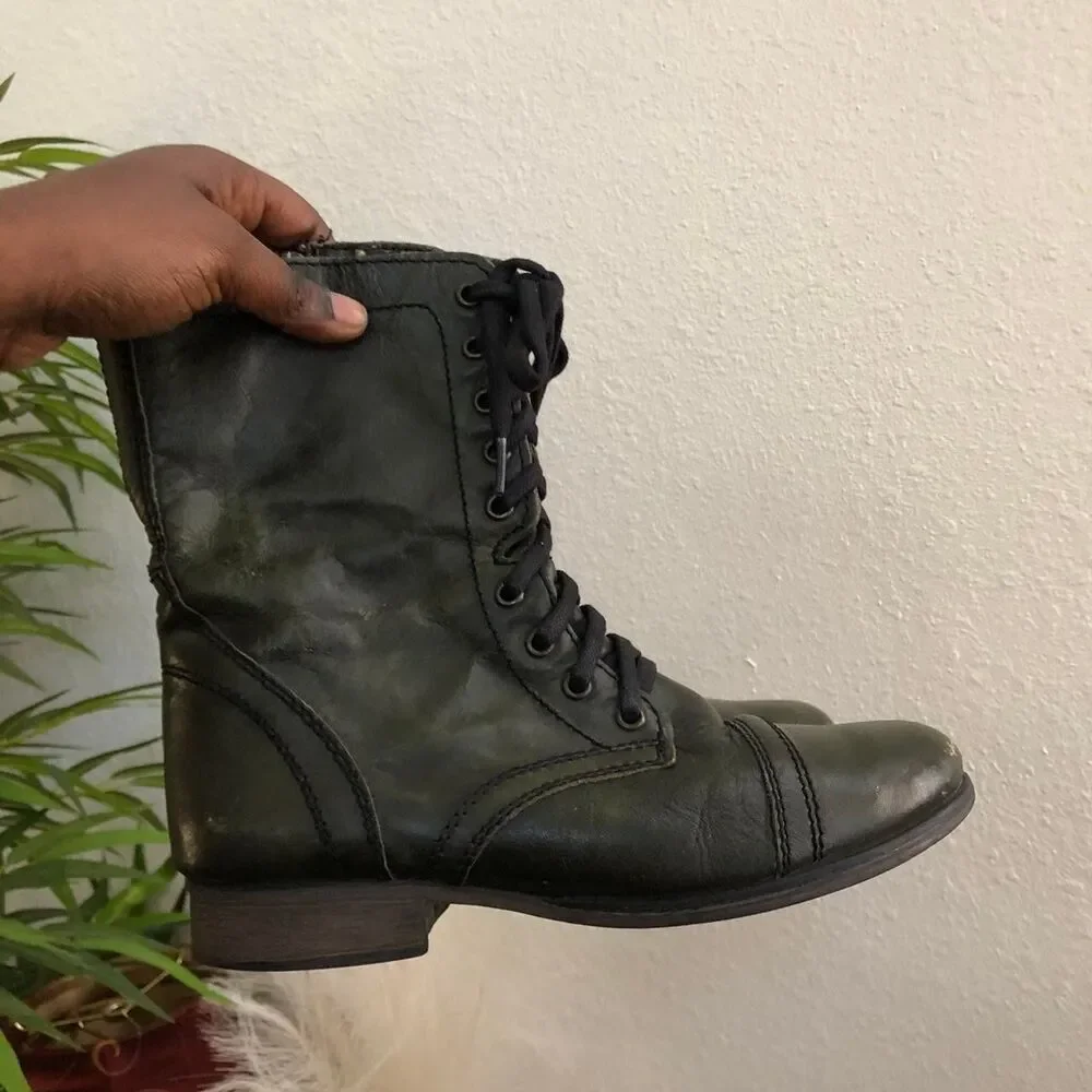Green Steve Madden Troopa Military Combat Biker Ankle leather lace-up boots Goth